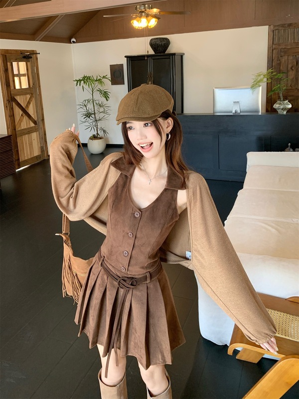 2025新款纯欲风套装气质长袖针织开衫女秋季内搭背心连衣裙两件套|undefined