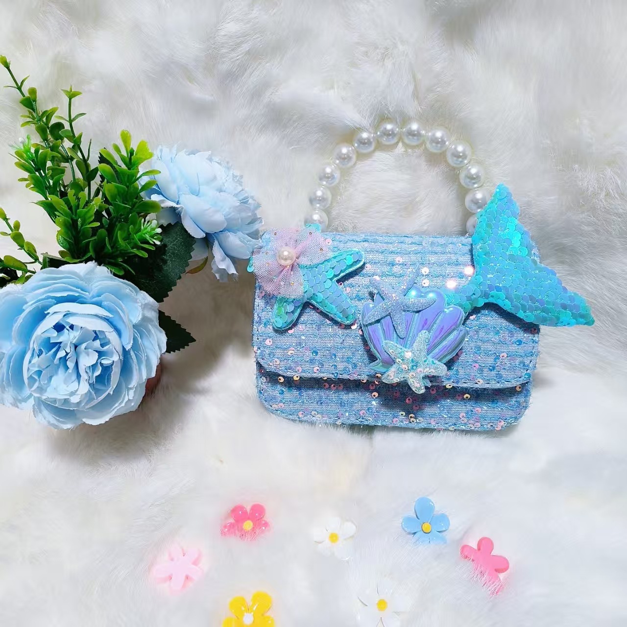 Bolsos infantiles transfronterizos conchas accesorios de cola de pescado lindos bolsos de bambú perlas mariposa bolsos de dibujos animados