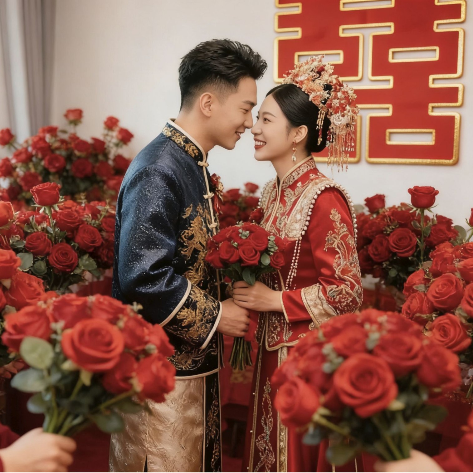 Simulación de pétalos de flores props de boda Simulación de rosas Ramos de flores Novio todo el camino Ropa de la mañana Novio compromiso Flores de mano
