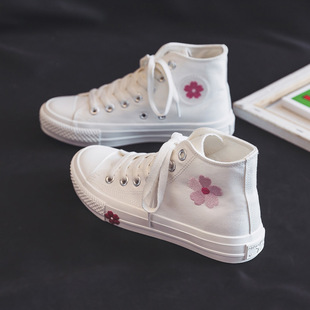 Spring Explosions Printed High-top Canvas Shoes Women's Shoes 2024 New Flat Casual All-match Cloth Shoes Sneakers White Shoes