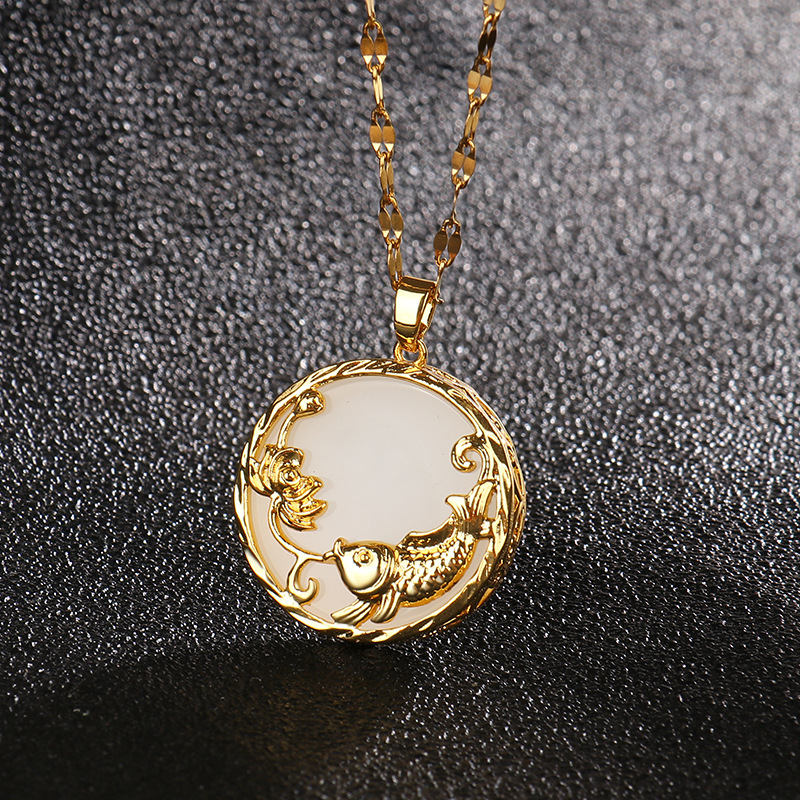 13g Weight Wholesale Jewelry Chinoiserie Classic Style Round Koi Titanium Steel Stone Polishing Inlay Pendant Necklace