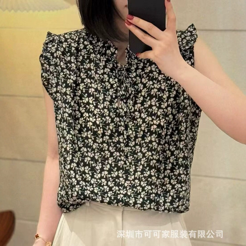 Ruffled Ginkgo Flower Silk Blouse for Women, Summer French Style, Loose Fit, Slimming Sleeveless Mulberry Silk Shirt Ruffled Ginkgo Flower Silk Blouse for Women, Summer French Style, Loose Fit, Slimming Sleeveless Mulberry Silk Shirt