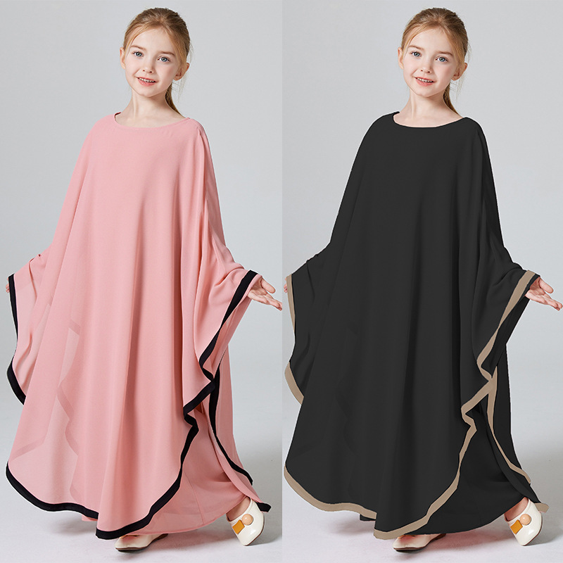 Middle Eastern Abaya Girls Two-Piece Setkebaya Contrasting Chiffon Blouse Round Neck Dress Robe Msl159