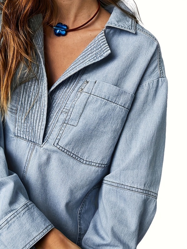 V-Neck Denim Pullover Casual Shirt - Loose Long Sleeves,|undefined
