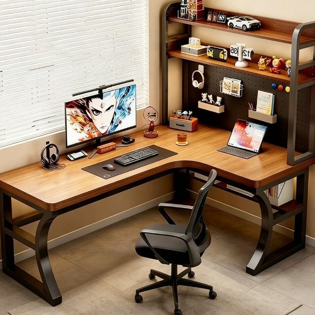Corner desk with bookshelf, integrated desktop computer table, gaming table with perforated board, L-shaped home office desk, study table Corner desk with bookshelf, integrated desktop computer table, gaming table with perforated board, L-shaped home office desk, study table