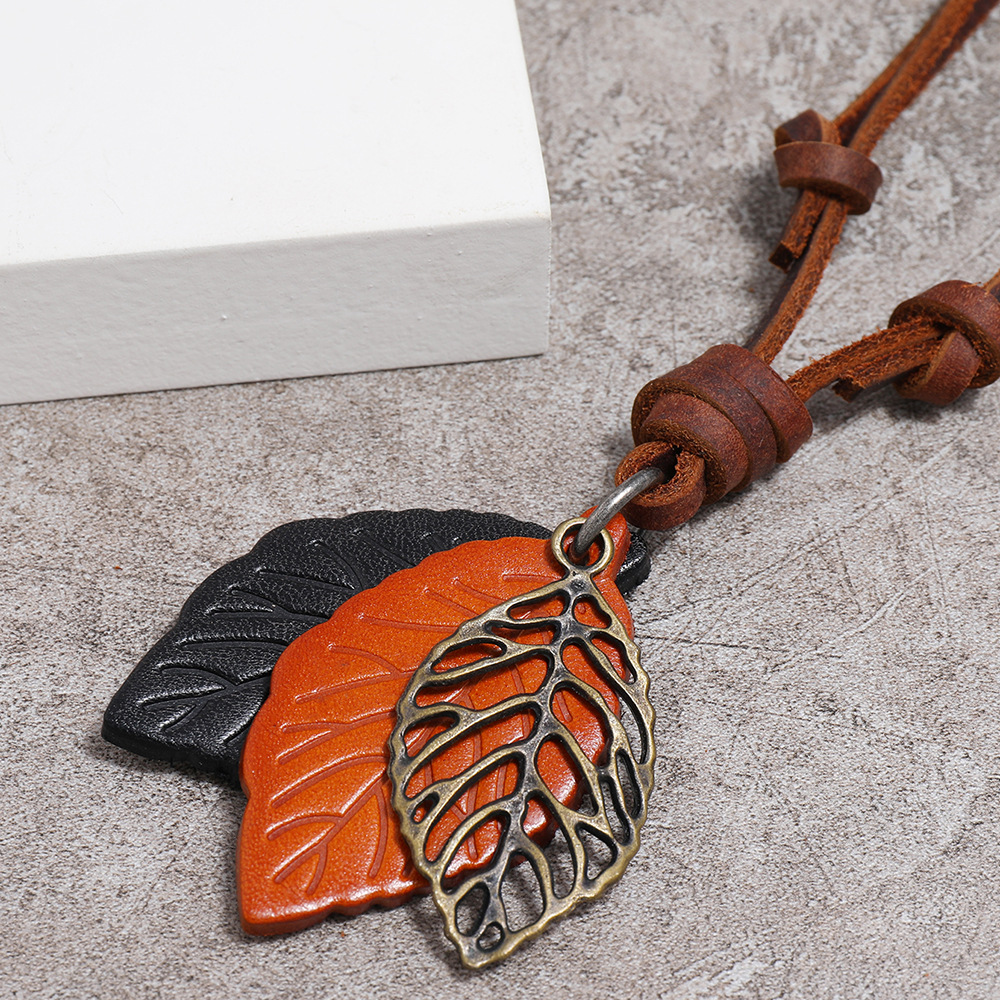 fashion retro leaf pendant leather necklace