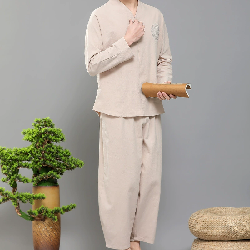 Summer set, men's long-sleeve, sleeves, Hanfu, Chinese style, loose fit, cotton and linen