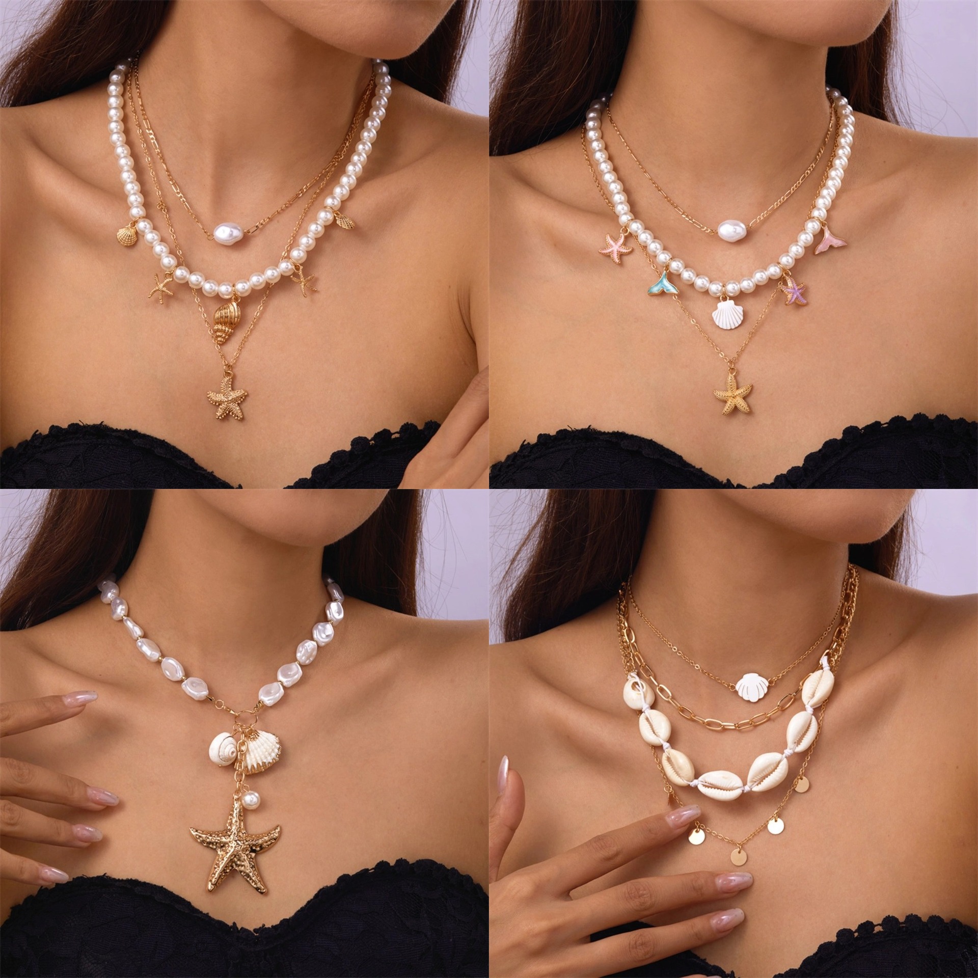European and American Cross-border Jewelry Ocean Wind Shell Conch Tassel Multi-layer Necklace Stacked with Soft Pottery Starfish Neck for Women