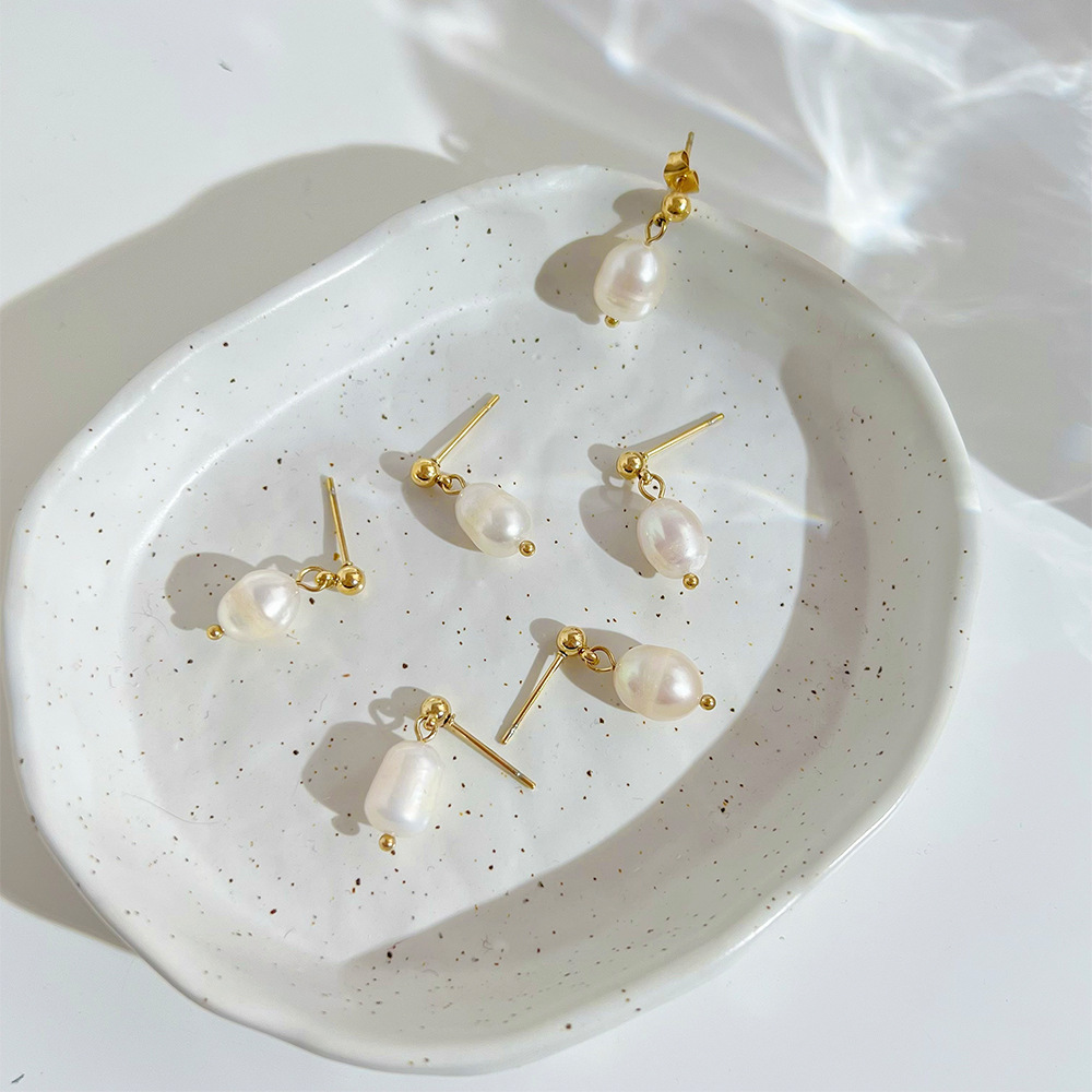 Real Gold Plated Plating Material Stone-Free Inlay Material PVD Coated Real Gold Plated 16K Gold White Gold Plated Gold Plating Geometric 304 Stainless Steel Freshwater Pearl Fashion Waterproof Non Tarnish Drop Earrings