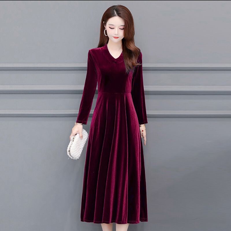 Golden Velvet dress Women's Spring Autumn and Winter Long Skirt Mother's Bottoming V-neck Belly Covering Elegant Thickened Knee-length Black Skirt Golden Velvet dress Women's Spring Autumn and Winter Long Skirt Mother's Bottoming V-neck Belly Covering Elegant Thickened Knee-length Black Skirt