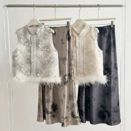 好质量中式国风鸵鸟毛刺绣马甲外套女初秋坎肩半身裙套装女