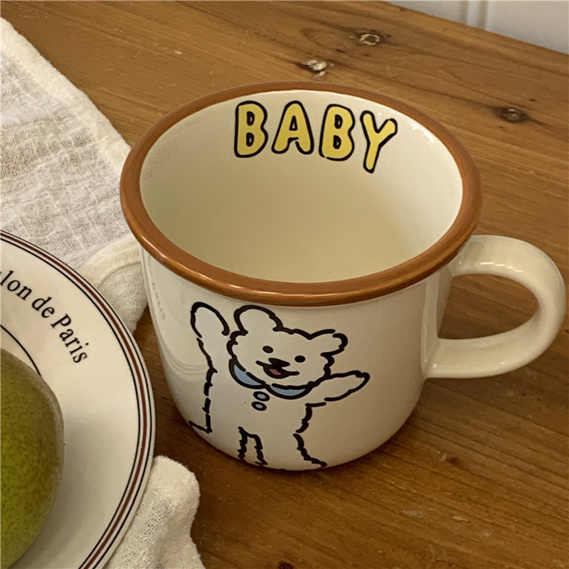 韓国式レトロな熊の子犬の陶磁器の杯の少女の心の漫画のマグカップのカップルの朝食のコップの牛乳の杯|undefined