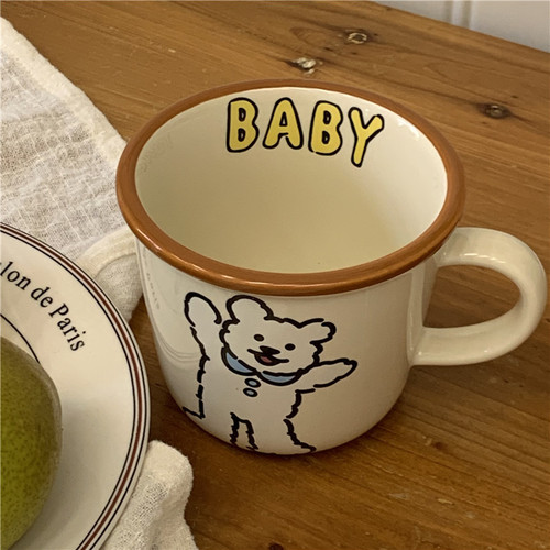 Korean retro bear puppy ceramic cup girl heart cartoon mug couple breakfast water cup milk cup