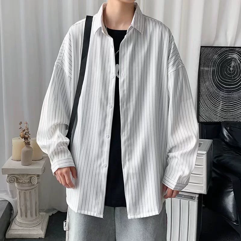 Шикарная полосатая рубашка с длинными рукавами в гонконгском стиле, мужская рубашка с воротником-стойкой, модная мужская повседневная рубашка ulzzang