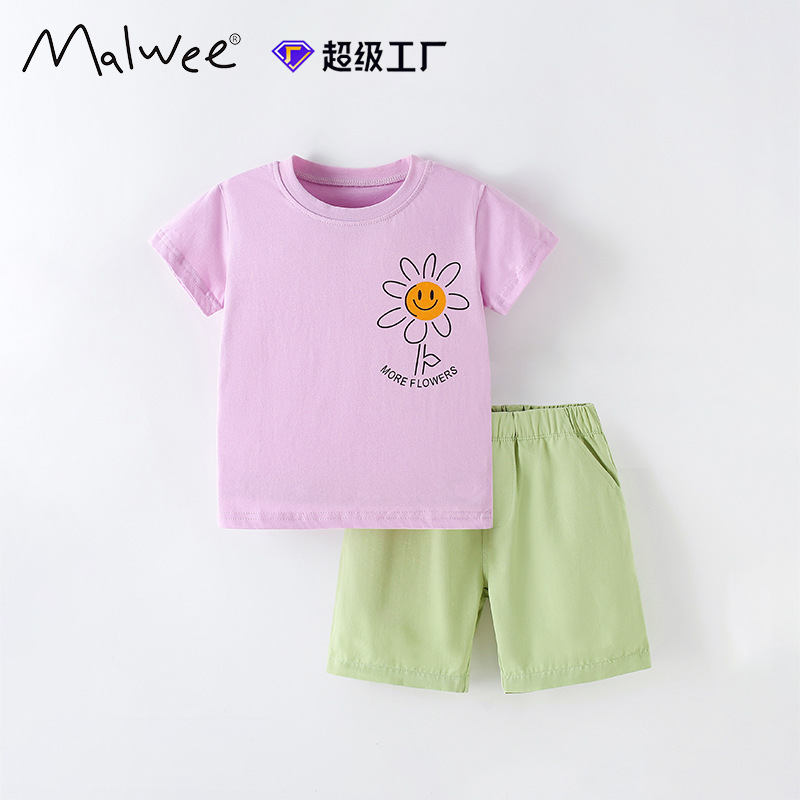 Traje de niño malwee transfronterizo hermosa camiseta de cuello redondo verano nuevo traje de dos piezas para niños europeos y americanos