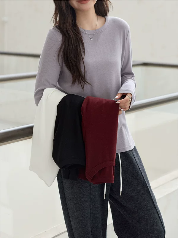 Multicoloured long-sleeve, body-friendly T-shirt for leisure, plus size, round collar, fitted