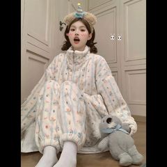 サンゴのパジャマの女性秋冬の新型の厚いファスナーのカーディガンの長袖の韓国版の甘くてゆったりしている家庭服のスーツ
