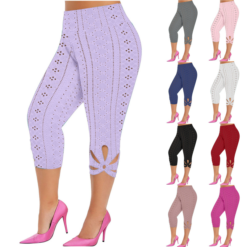 Cross-border Amazon Women's Solid Color Hollow-out plus size Sports Yoga Pants Leggings Yoga Capri Pants Women