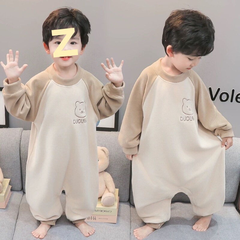 New Boys' Spring, Autumn and Winter Velvet One-Piece Pajamas, Girls' Home Clothes, Kidsren's Sleeping Bags, Baby Long-Sleeved Warm Pajamas