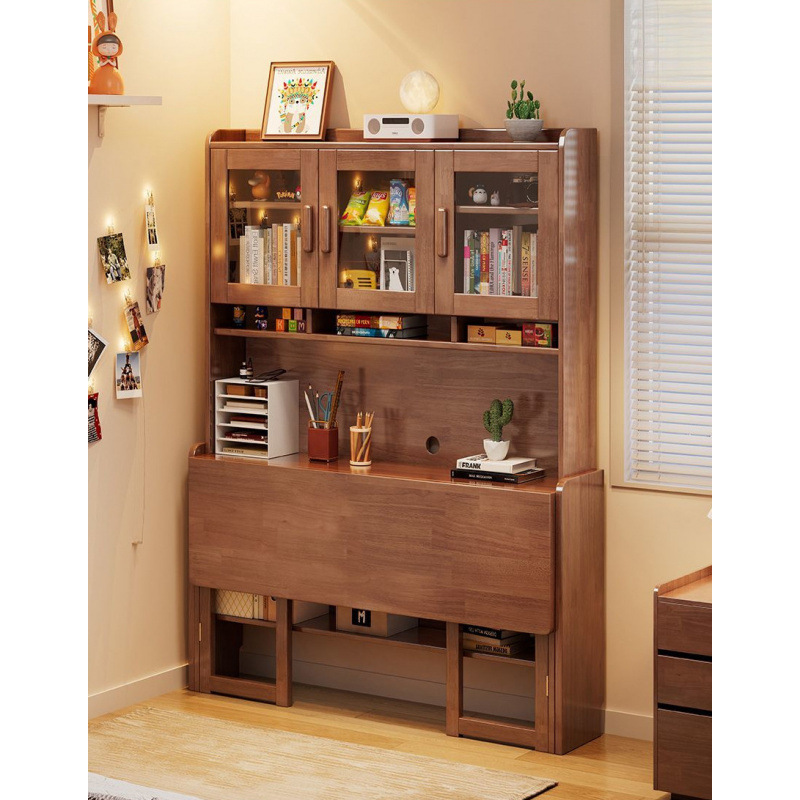 Solid Wood Folding Desk Bookshelf Integrated Table Small Apartment Children's Study Table Computer Table Simple Workbench