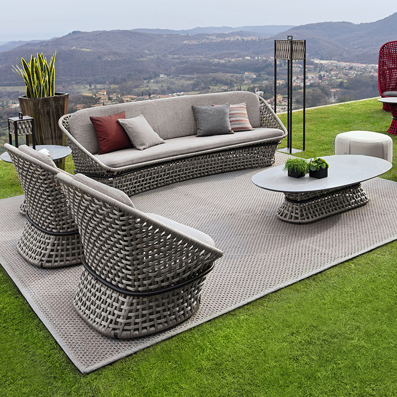 Villa patio al aire libre sofá trenzado de cuerda hotel jardín impermeable protección solar moderno casual mesa de té de aleación de aluminio image 2