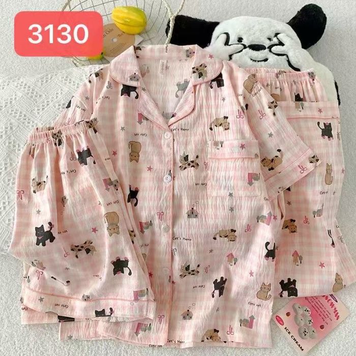 Comercio exterior nube transfronteriza algodón de tres piezas pantalones cortos de manga corta pantalones pijamas de verano ropa a domicilio rebeca de dibujos animados solapa