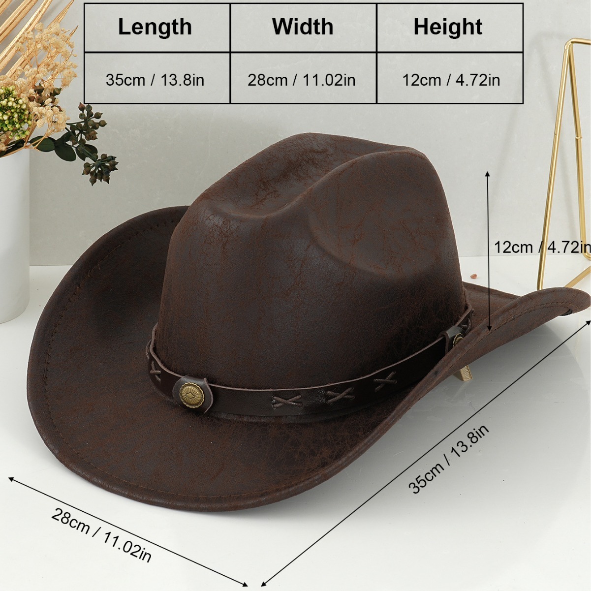 Vintage Western Cowboy Hat Distressed Leather Buckle Cross Stitched Metal Men's And Women's Party Outdoor Music Festival Hat_voghion.com