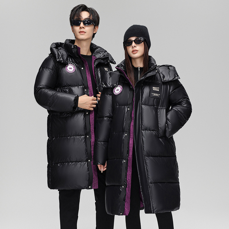 2025 ropa de algodón oro púrpura larga chaqueta de algodón para hombres y mujeres sobre la rodilla protector de comercio con gorras gruesas de pluma de oro negro image 6