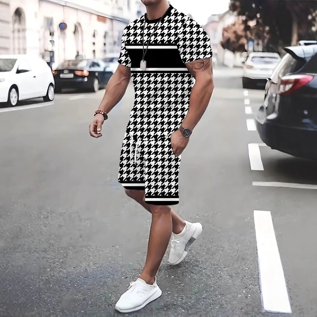 Completo estivo da uomo in due pezzi: camicia a maniche corte sottile e vestibilità ampia e magliette taglie forti, pantaloncini abbinati Mingshi_voghion.com
