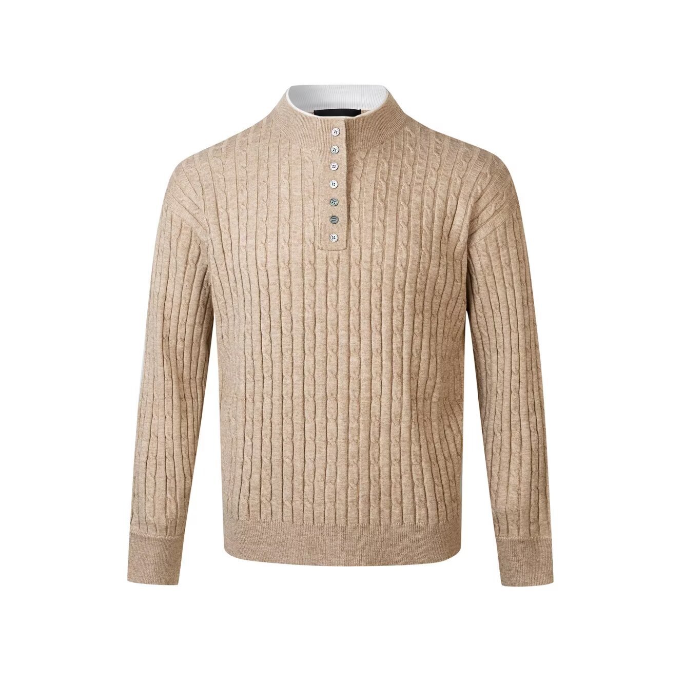 ​​Men's Slim Fit Color Block Henley Sweater – Double Layer Knit Long Sleeve (Black/Grey/Khaki, M-XXL)​​_viptrois.com