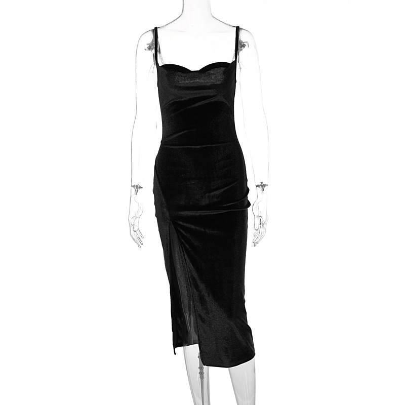 European And American Foreign Trade Cross-Border 2025 Summer New Sexy Slim Fit Slit Velvet Strap Party Dress For Women_ecoleips.com