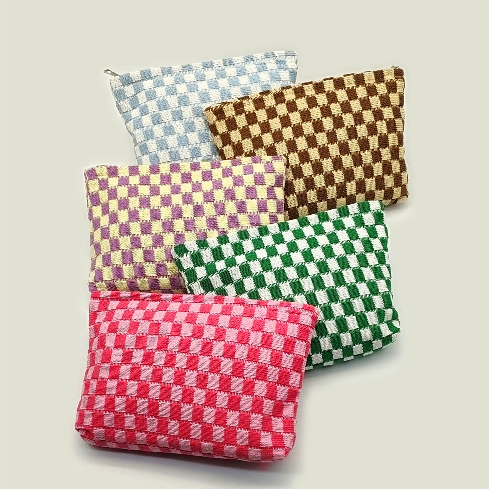 Вязаная косметичка в клетку для путешествий, вместительный пенал, вязаная сумка для хранения, клетчатая сумка для туалетных принадлежностей, портативная женская сумка