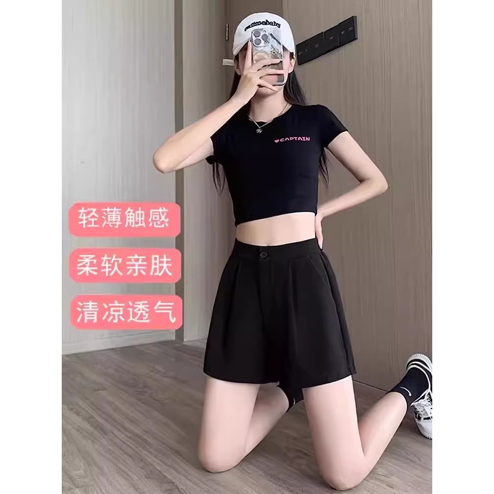 Quần short nữ cạp cao dáng chữ A ống rộng mùa hè — Màu đen (gửi thắt lưng xoắn khóa ngẫu nhiên)