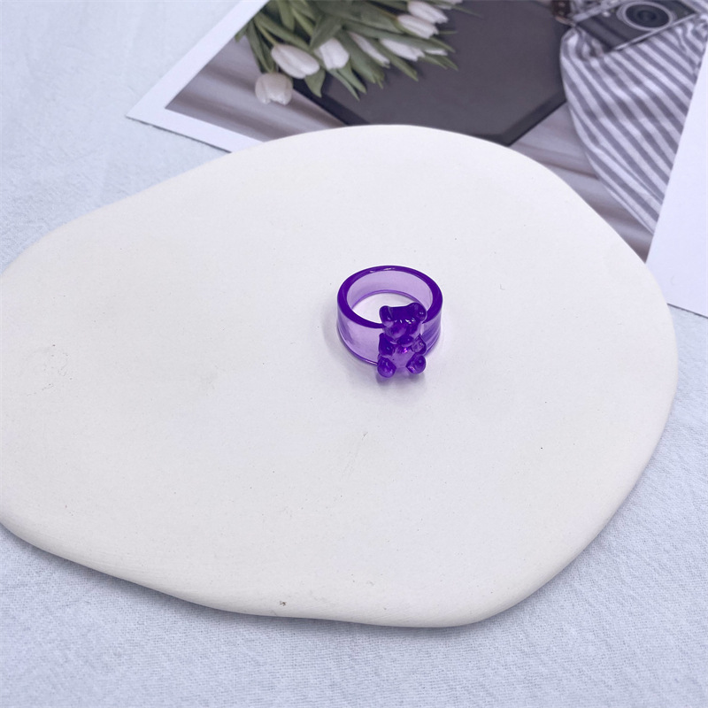 INS estilo europeo y americano Venta caliente colorido dibujos animados tridimensional resina personalidad oso anillo transparente creativo diversión conjunta anillo