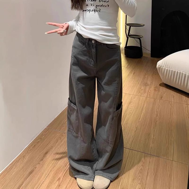 Grey plus size Wide-leg Overalls Women's Summer New chubby girl Loose Pear-shaped Slimming Straight Denim Pants Grey plus size Wide-leg Overalls Women's Summer New chubby girl Loose Pear-shaped Slimming Straight Denim Pants