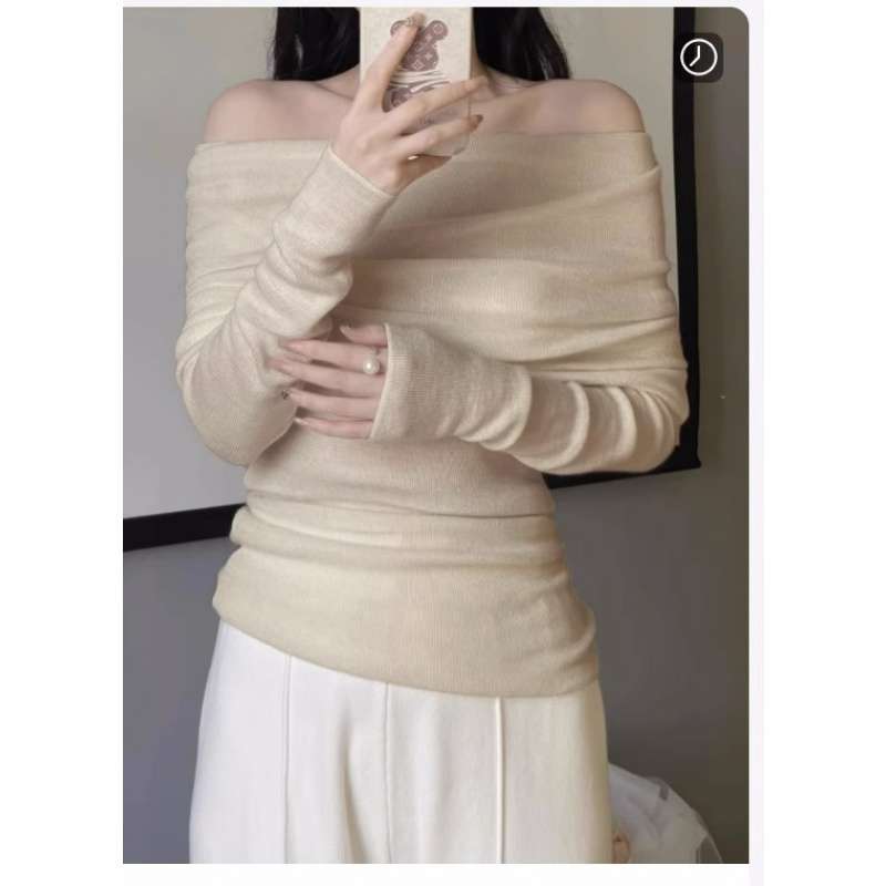 여성용 가을과 겨울 새로운 긴팔 스웨터 스웨터 슬림 핏 쇼트 탑을위한 칼라가있는 검은 색 오프 숄더 바닥 셔츠