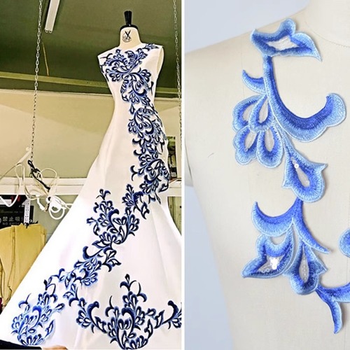 Multi-color Embroidered Sparkling Lace Patch Material for DIY Wedding Gown and Cheongsam Costume Design