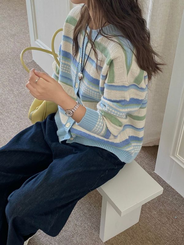 秋日慵懒感韩系清纯甜美条纹圆领针织开衫女复古韩女毛衣外套ZEZ9|undefined