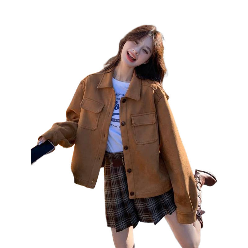 2025春秋新款美拉德鹿皮绒外套女小个子复古休闲宽松短款夹克上衣|undefined