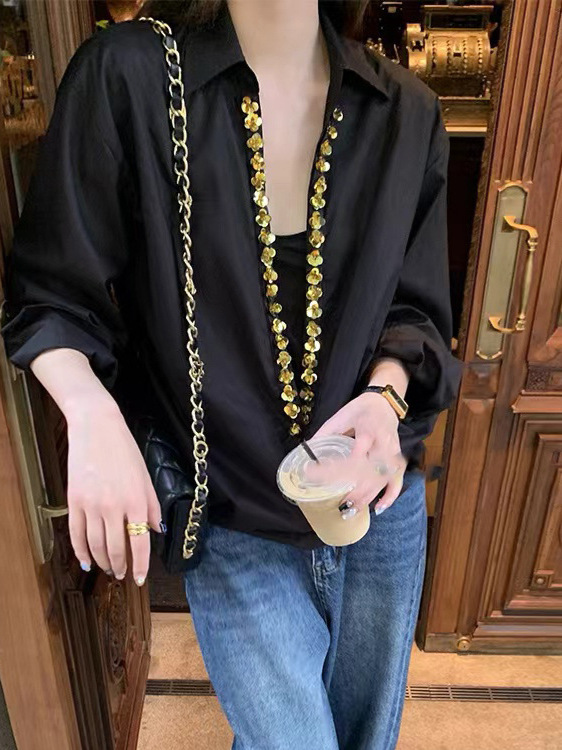 黑色V领长袖衬衫女夏季新款设计感防晒衫气质宽松衬衣|undefined