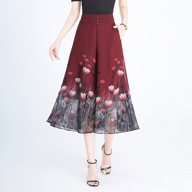 Chiffon Wide-leg Pants Small Pants Summer Thin Women's High Waist Floral Culottes Loose Dape Printed Capri Pants