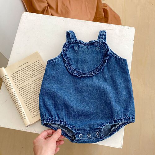 INS  summer infant and toddler girl baby denim love carrier bag fart jumpsuit jumpsuit