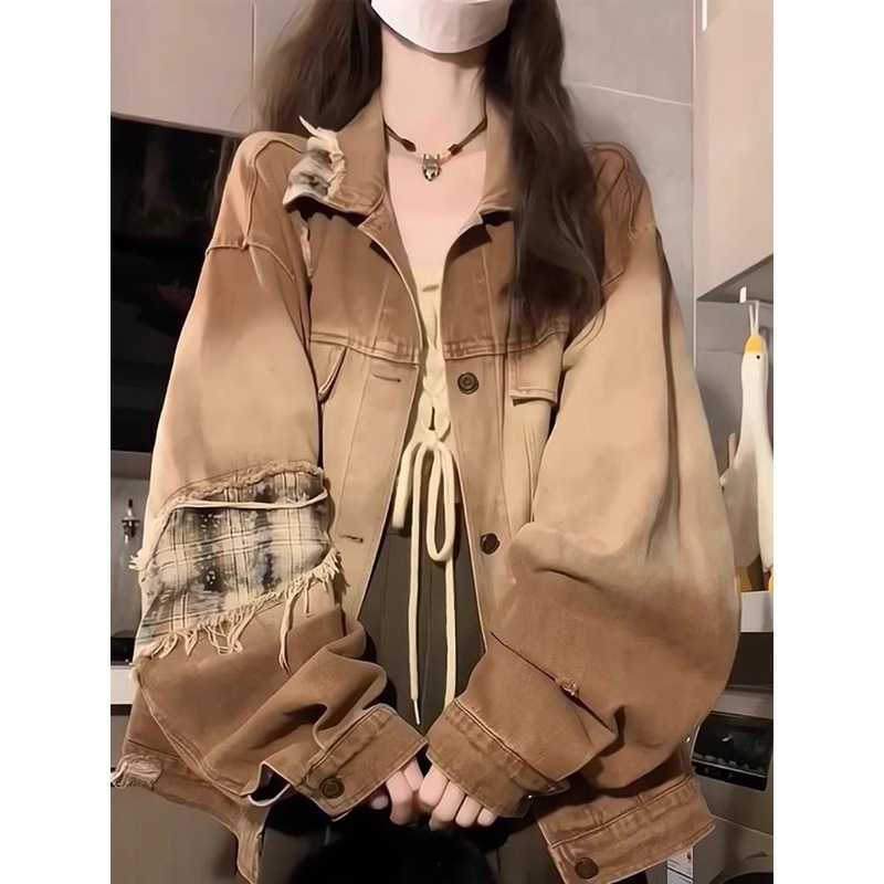 美式高街破洞贴布牛仔外套女潮牌春秋宽松慵懒风休闲工装夹克上衣|undefined