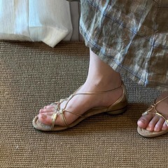羊皮版~复古小众编织软底露趾罗马鞋女度假风气质配裙子方头凉鞋