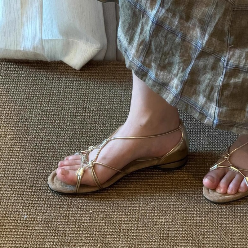 羊皮版~复古小众编织软底露趾罗马鞋女度假风气质配裙子方头凉鞋|undefined