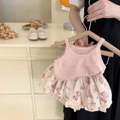 Girls Summer Suit 2023 New Baby Girl Fashion Suspender Children's Style Rose Bud Shorts Two-piece Set