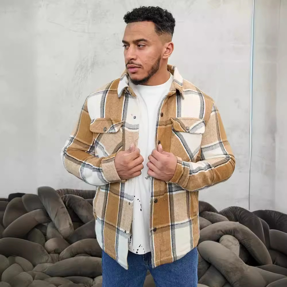 Men's Clothing flannel long sleeved lapel plus velvet warm loose fitting pocket men's jacket_voghion.com