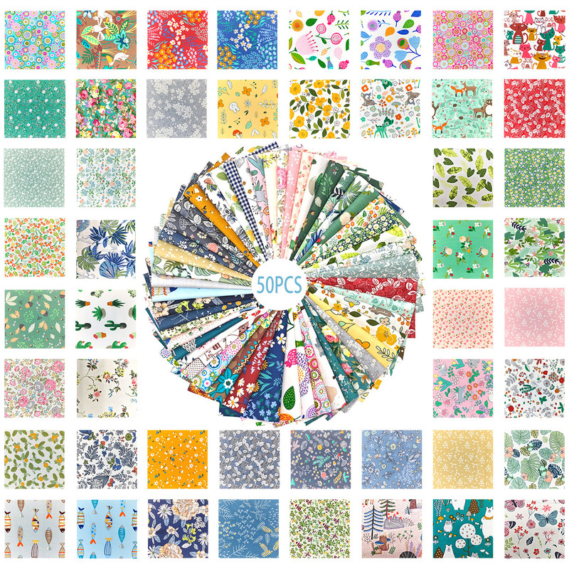 Cross-Border Twill Pure Cotton Fabric, 50 Pieces Floral Pattern, Handmade DIY Patchwork Fabric Set, Ready Stock Wholesale Fabric Scraps