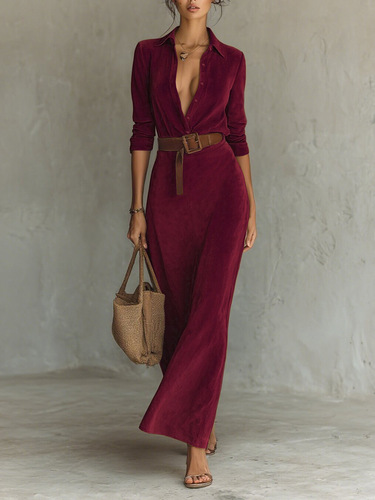Elegant Long V-Neck Woolen Coat Dress with Belt for Autumn/Winter