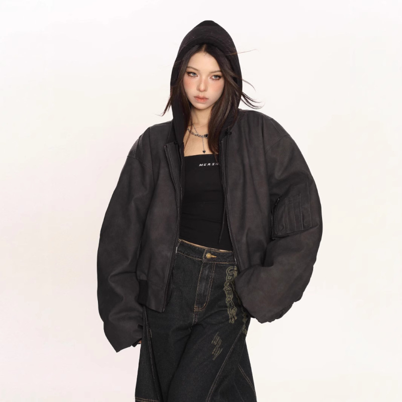 欧米のヒップホップの二重の偽の2つの帽子の革のジャケットの上着の女性の春秋のoversizeのごろつきの帥の百合の飛行服|undefined